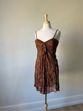 Eva Blue Brown Floral Beaded Chiffon Mini Dress | Y2K Fairycore